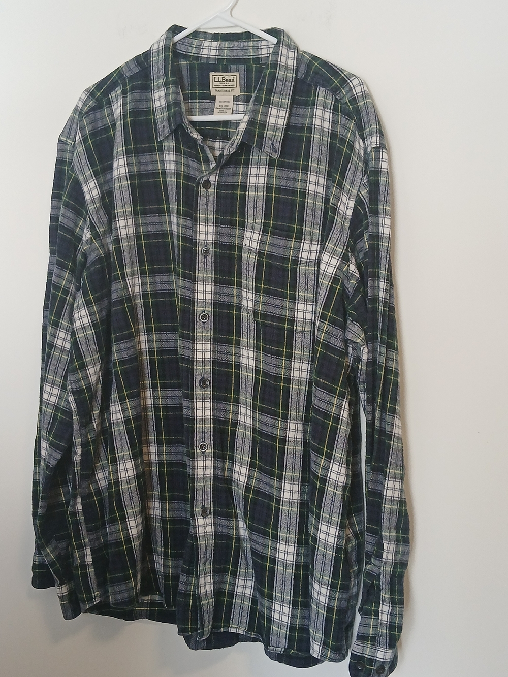 L.L. Bean Dark Green and White Plaid Flannel Button-Down Shirt